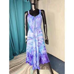 Sapogee Made in India Tie Dye Dress Lace Up Free Size Midi Purple Blue‎ Rayon